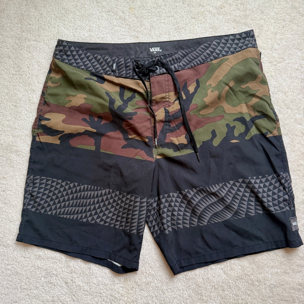 Vans Men's Green and Black Camo/tribal  Board Shorts. Swim shorts.